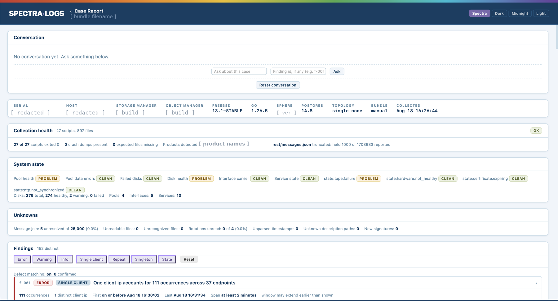 The case report screen showing a conversation panel, a system identity strip with values masked, collection health, system state checks, unresolved unknowns, and the first finding.
