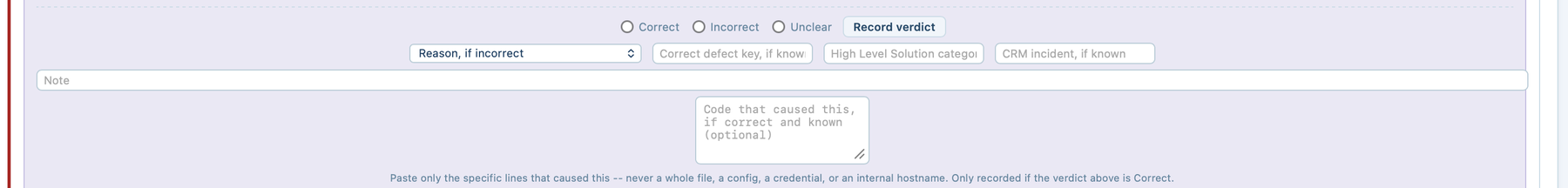 The verdict capture controls beneath a suggested defect: options to mark it correct, incorrect or unclear, with fields for the correct defect key, solution category, CRM incident, and a note.