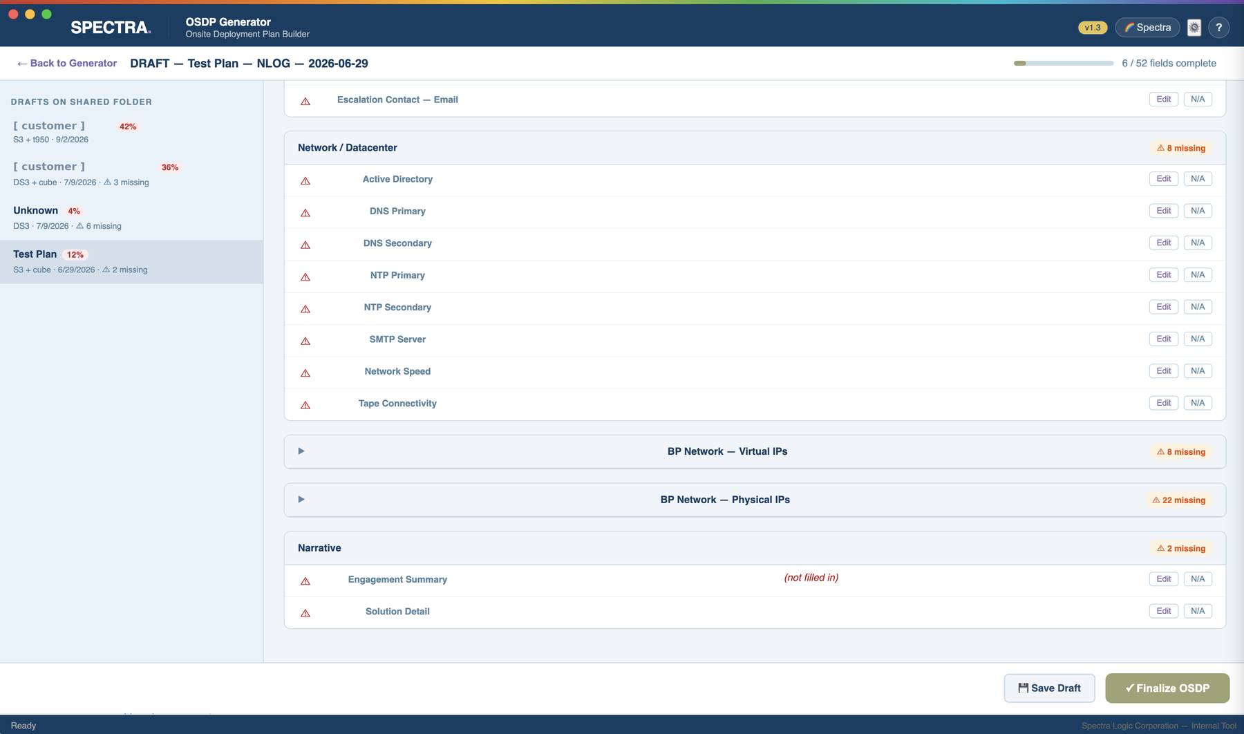 The draft review screen listing every field in a deployment plan grouped by section, with completion state per field, a count of missing fields per group, and save and finalize actions.