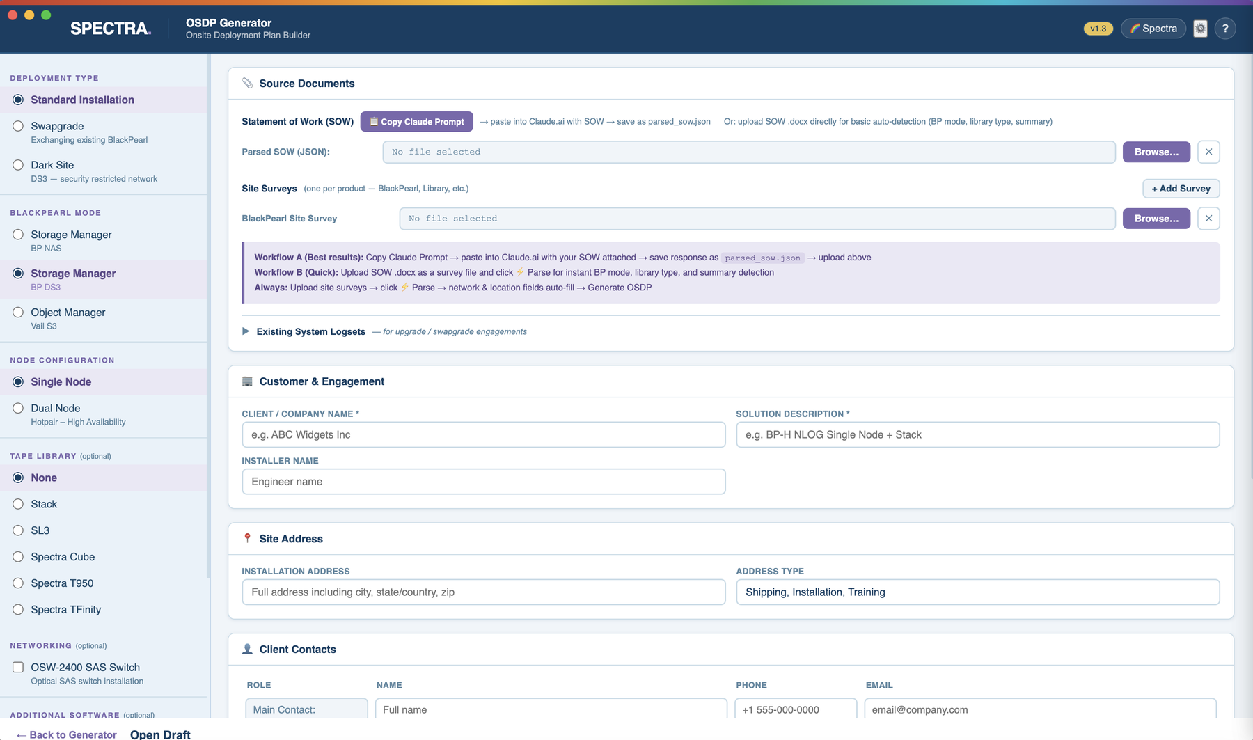 The generator's source documents panel, with fields for a parsed statement of work and per-product site surveys, alongside the deployment type and hardware configuration options.